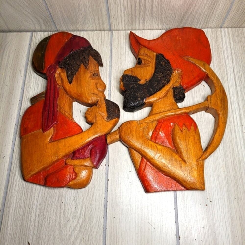 Vtg Hand Carved Wood Ethnic African Wall Art Sculptures Man Woman Child Tribal